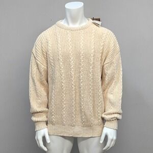 Vintage 80s Mens Cable Knit Sweater XL Cream Cotton Made in USA Chunky Fisherman